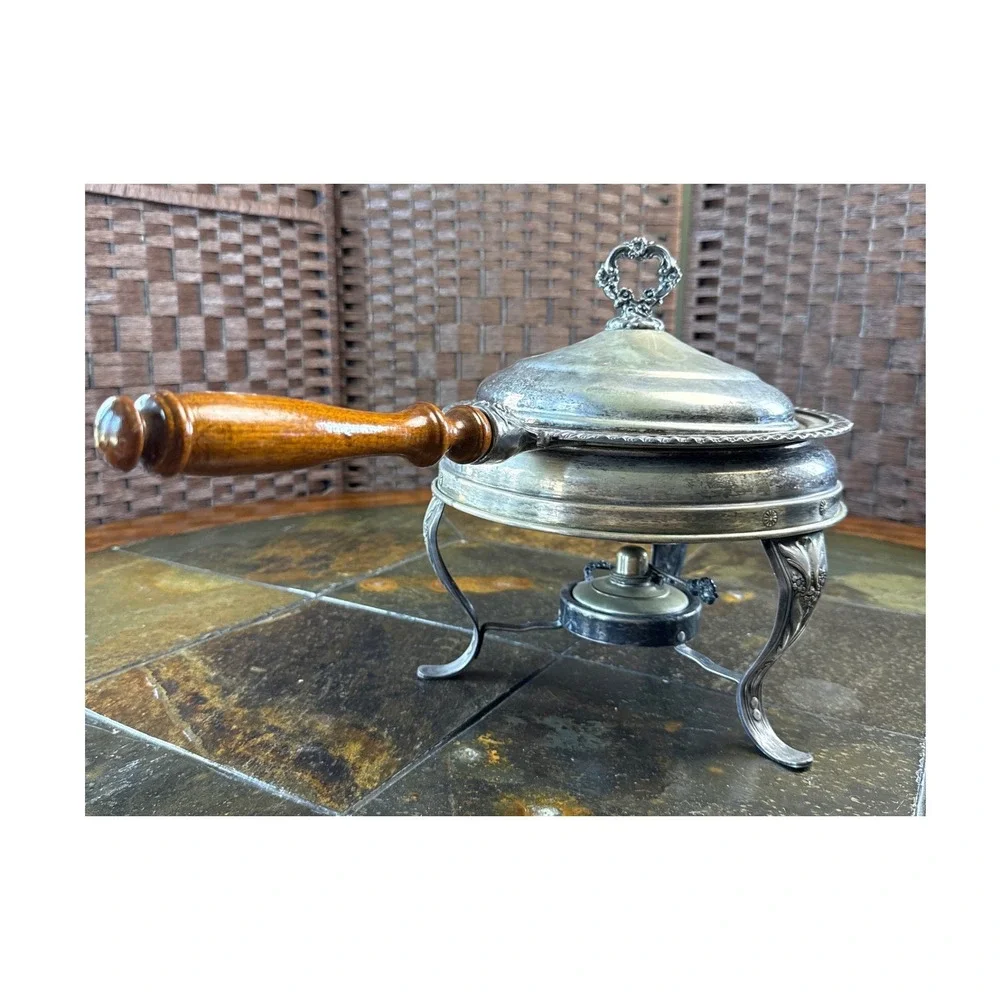 Vintage Chafing Dish Silver Plate Wood Handle Ornate Floral Warming Pan Set Fuel